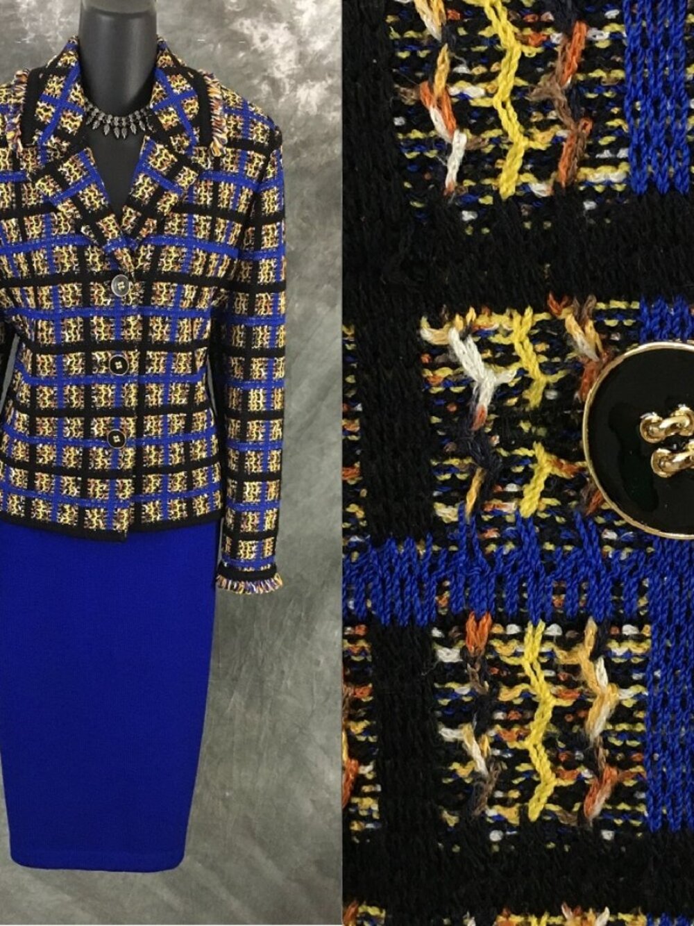 BEAUTIFUL St John collection knit blue multi jacket skirt suit size 10